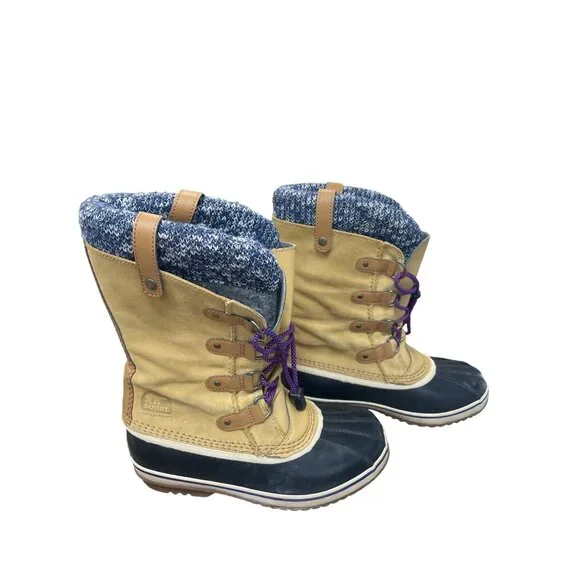 Sorel Joan of Arc Womans Tan Black Knit mid calf boots Sz 7 SKU 9565 - Picture 5 of 16